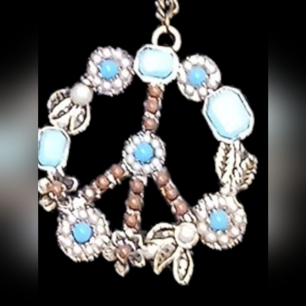 Necklace - Vintage Peace Sign Necklace W/ Multi Colored Beads Floral Pattern,...